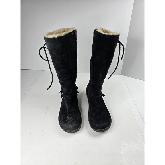 UGG 5750 Desoto Womens Tall Black Suede-Shearling‎ Fringed Zip Boot Size 9 - Picture 1 of 12